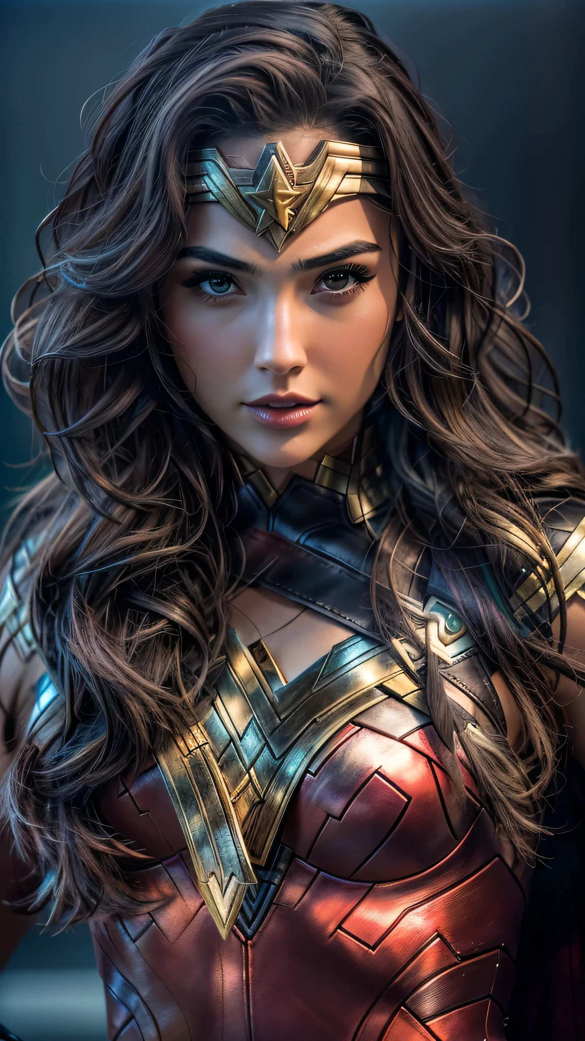 photorealistic Realism 8K, 16K, Quality: (Hyper absurd quality, extremely detailed detail, hyper resolution, clear sharp focus, not blurry, Realistic brown_eyes), ((perfect dark_eyeshadows:1.45)), (super Detailed, beautiful little nose:1.2), (perfect composition), (Wonder Woman Cosplay), incredibly similar to the original outfit from the WW movie, dynamic stance, face focused on the target in the distance, ready to fight, (Neon Wonder Woman Lasso Of Truth Cosplay Prop), (upper body shot), (close up of her face), beautiful cheekbones, double eyelids, dslr, best high quality soft lighting, sharp focus captured by Fujifilm XT3, f 5.6, in a dramatic lighting, ((perfect composition)), ((pale skin)), ((dry skin)),