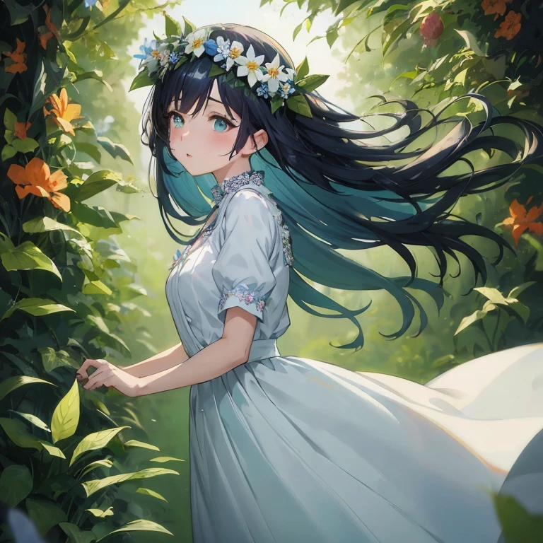 Anime girl in white dress with blue hair and flowers in her hair, anime moe art style, guweiz on pixiv artstation, in dress, Anime art wallpaper 8k, a maid in a magical forest, beautiful anime artwork, artgerm and atey ghailan, beautiful anime art, anime art wallpaper 4k, anime art wallpaper 4k