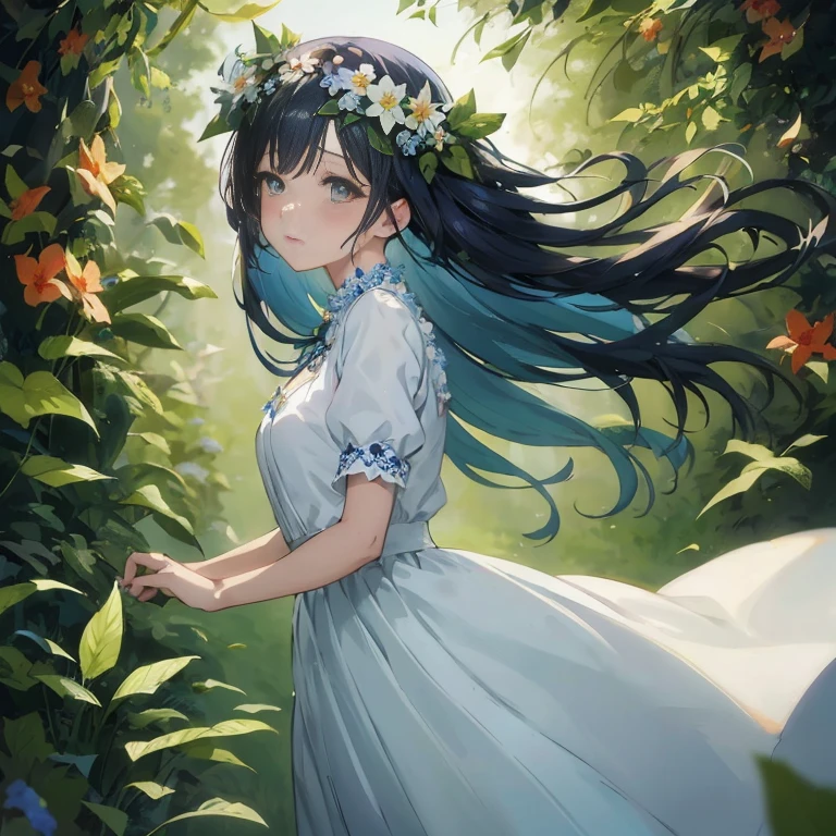 Anime girl in white dress with blue hair and flowers in her hair, anime moe art style, guweiz on pixiv artstation, in dress, Anime art wallpaper 8k, a maid in a magical forest, beautiful anime artwork, artgerm and atey ghailan, beautiful anime art, anime art wallpaper 4k, anime art wallpaper 4k