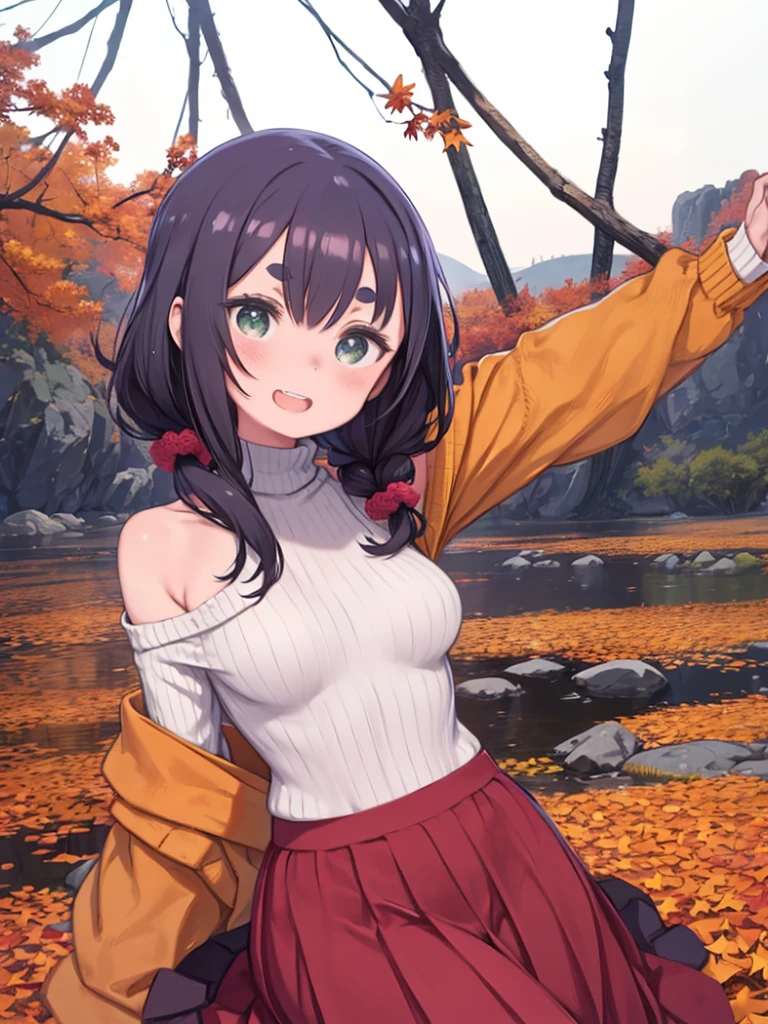 One Woman、(inuyama_aoi、Inuyama_Blue)、((Thick eyebrows))、Ocher Hair、ocher hair、Green Eyes、Droopy eyes、Loose and fluffy long hair、Wavy Hair、hair tied up with a scrunchie、laughing、Double teeth、Off-the-shoulder knit, ribbed knit, off-the-shoulder, off-turtleneck, sweater, knit, top, long sleeves, white、Big Breasts、Red long skirt、Autumn scenery、Upper Body、Leaning body、tilting the head、