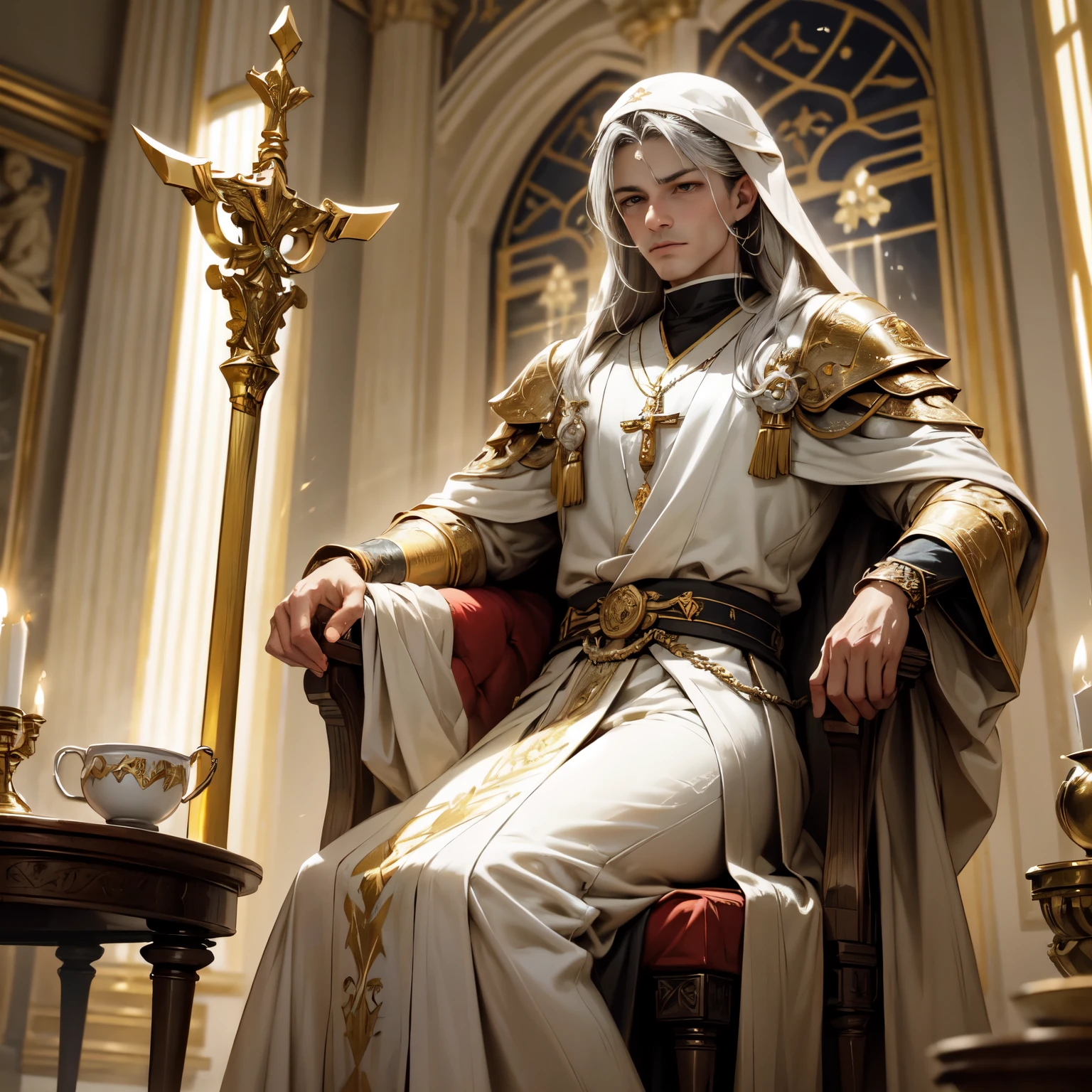 Crie uma imagem digital ultra HD de 8K de um nobre guerreiro Arcebispo sagrado de cabelos ruivos, long and braided, in the castle common room. O Arcebispo tem olhos castanhos e pele clara. He is dressed in a royal robe of red velvet with gold and silver trim., adornado com joias sagradas que brilham suavemente. Ele usa uma mitra dourada com pedras preciosas, gold bracelets on the wrists and a sacred amulet around the neck. In the common room, o Arcebispo empunha a Espada de Zeus. The sword is made of celestial gold and emits golden rays, with divine inscriptions along the blade that shine brightly. The hilt of the sword is adorned with small rays and lightning., simbolizando seu poder supremo. Ele segura a espada em uma pose de relaxamento, pronto para proteger seus entes queridos, while electric sparks dance around you. The Sword of Zeus is known for its ability to control thunder and lightning, e uma aura de poder divino emana dela. The living room is welcoming, com lareira acesa, comfortable armchairs and tea tables. Grandes janelas com cortinas de seda permitem a entrada de luz suave, criando uma atmosfera de conforto e tranquilidade. The image should capture the welcoming atmosphere and harmony of the living room, highlighting the Archbishop's interaction with the Sword of Zeus.