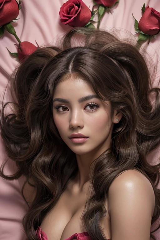 mejor calidad, obra maestra, ultra high resolution, (Fotorrealista:1.5), (Elizabeth Liones:1.5), mujer, (cabello mechas rosas:1.5), 20 years, pechos muy grandes, belleza, lenceria negra, sexy, hot, tumbada en la cama, cuerpo completo, manos perfectas
