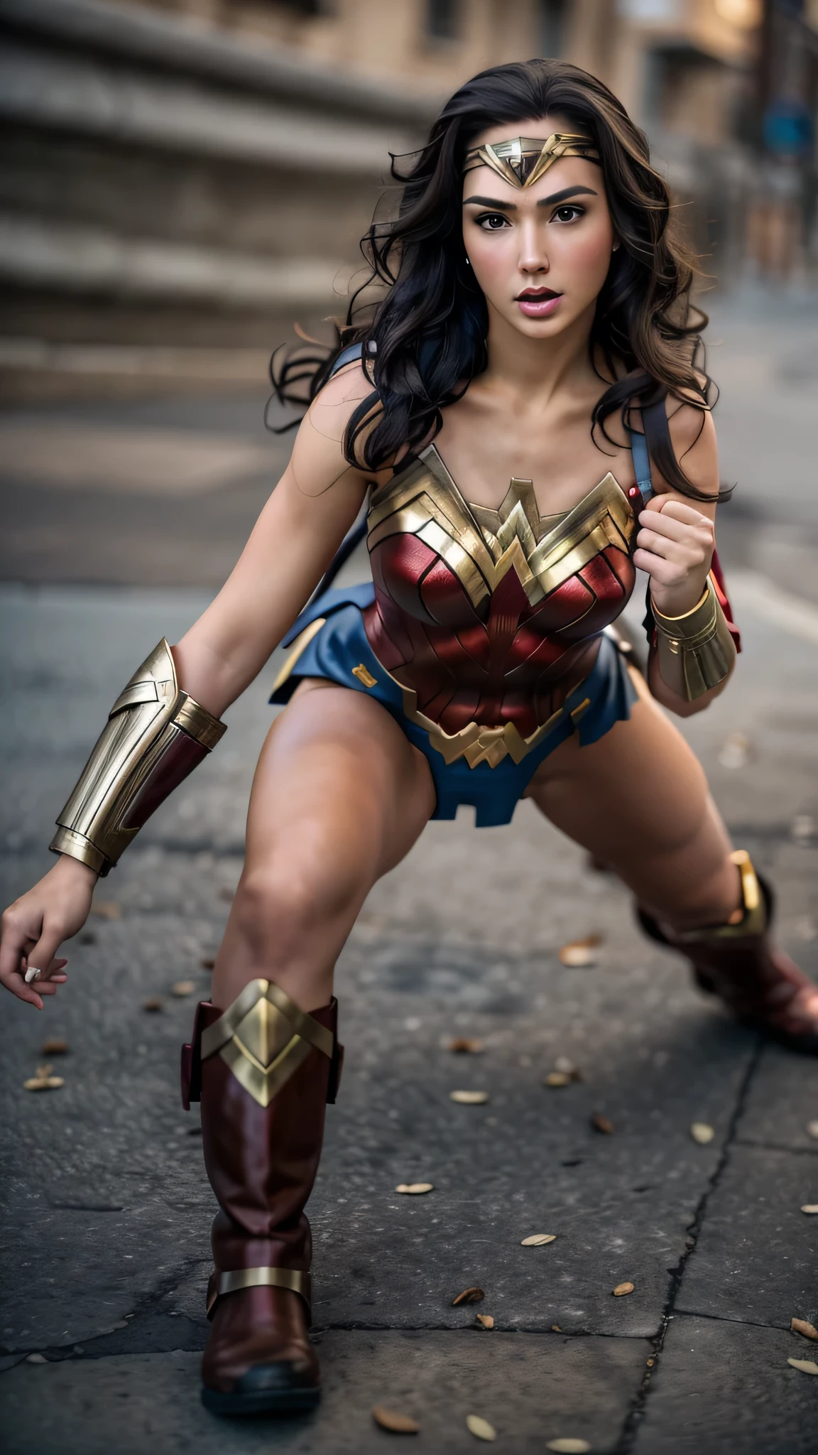 photorealistic Realism 8K, 16K, Quality: (Hyper absurd quality, extremely detailed detail, hyper resolution, clear sharp focus, not blurry, Realistic brown_eyes), ((perfect dark_eyeshadows:1.45)), (super Detailed, beautiful little nose:1.2), (perfect composition), (Wonder Woman Cosplay), incredibly similar to the original outfit from the WW movie, dynamic stance, face focused on the target in the distance, ready to fight, (Neon Wonder Woman Lasso Of Truth Cosplay Prop), (upper body shot), (close up of her face), beautiful cheekbones, double eyelids, dslr, best high quality soft lighting, sharp focus captured by Fujifilm XT3, f 5.6, in a dramatic lighting, ((perfect composition)), ((pale skin)), ((dry skin)), 