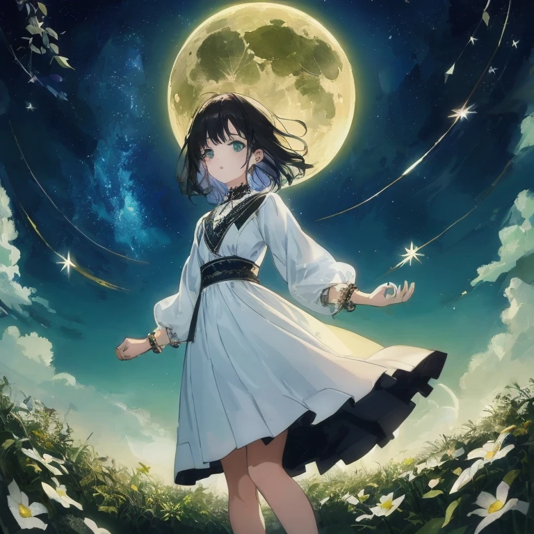 Anime girl in white dress standing in field against full moon background, ethereal anime, Anime art wallpaper 8k, official anime artwork, Anime visuals of cute girls, anime style 4 k, anime cover, Light Novel Cover Art, 4 k manga wallpaper, anime art wallpaper 4k, anime art wallpaper 4k, the glow of the moonlight