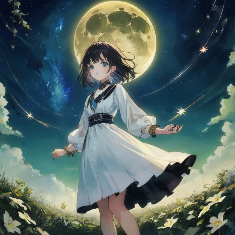 Anime girl in white dress standing in field against full moon background, ethereal anime, Anime art wallpaper 8k, official anime artwork, Anime visuals of cute girls, anime style 4 k, anime cover, Light Novel Cover Art, 4 k manga wallpaper, anime art wallpaper 4k, anime art wallpaper 4k, the glow of the moonlight