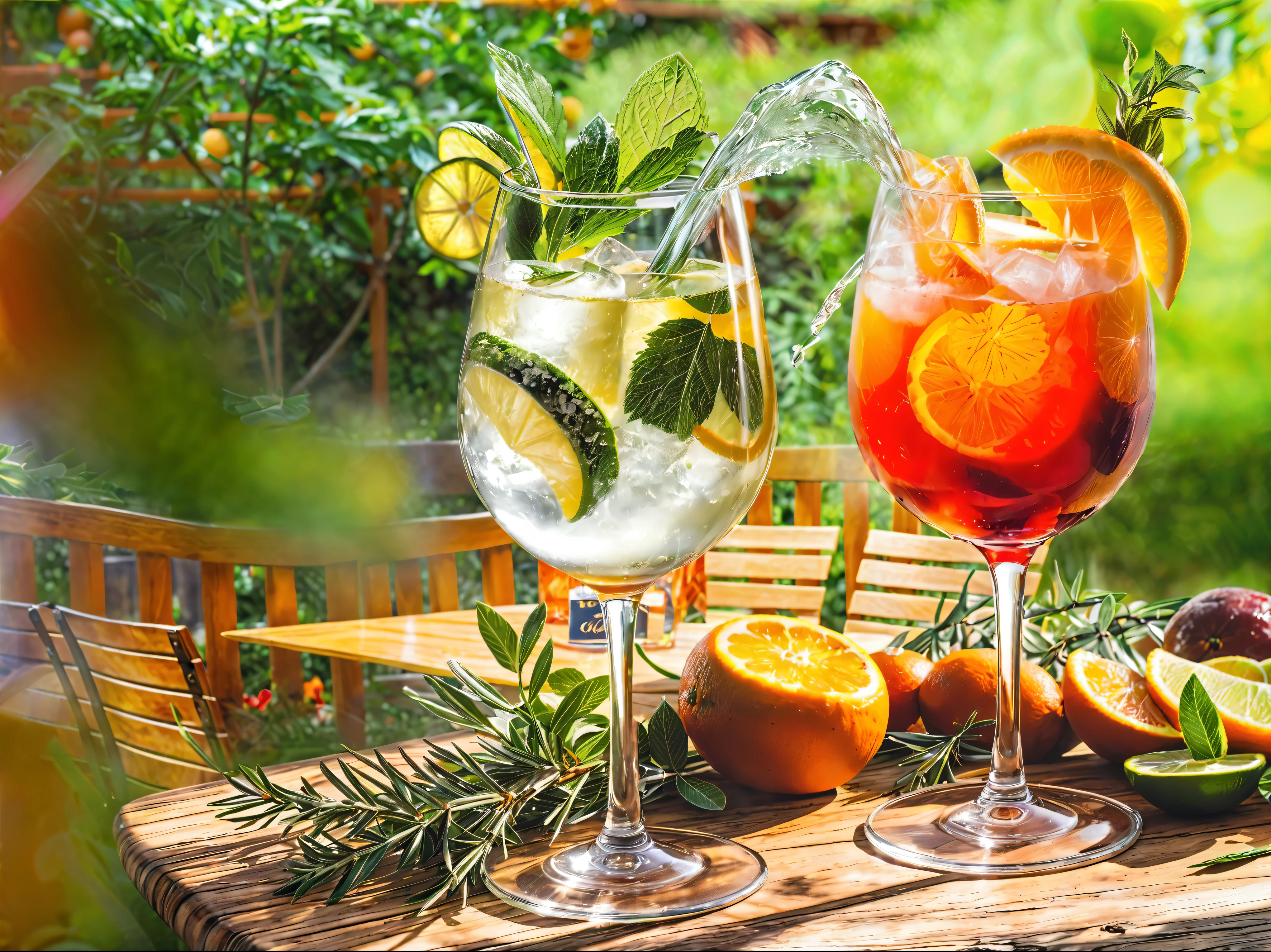 there are two glasses of wine and two oranges on a table, drinks, cold drinks, colorful coctail, chianti molotov cocktails, interesting background, on a sunny day, sparkling in the sunlight, mixing drinks, drinking cocktail, best on adobe stock, sparkling spirits, summer feeling, garden behind the glasses, stunning visual, beautiful sunny day