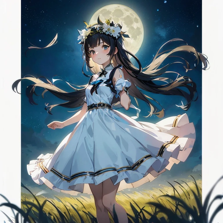 Anime girl in white dress standing in field against full moon background, anime moe art style, in dress, hestia, official artwork, Anime visuals of cute girls, nightcore, Rin, anime wallaper, In the moonlight, Cute anime waifu in a nice dress, Kantai Collection Style, iwakura lain, Official art