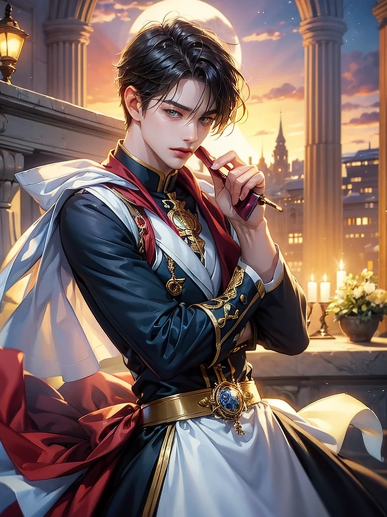 ((Best quality)), ((masterpiece)), (detailed), ((perfect face)), ((halfbody)) handsome face, male, teen boy, perfect proportions , a male version of the character from date a live anime, colorful outfit, detailed scenery background