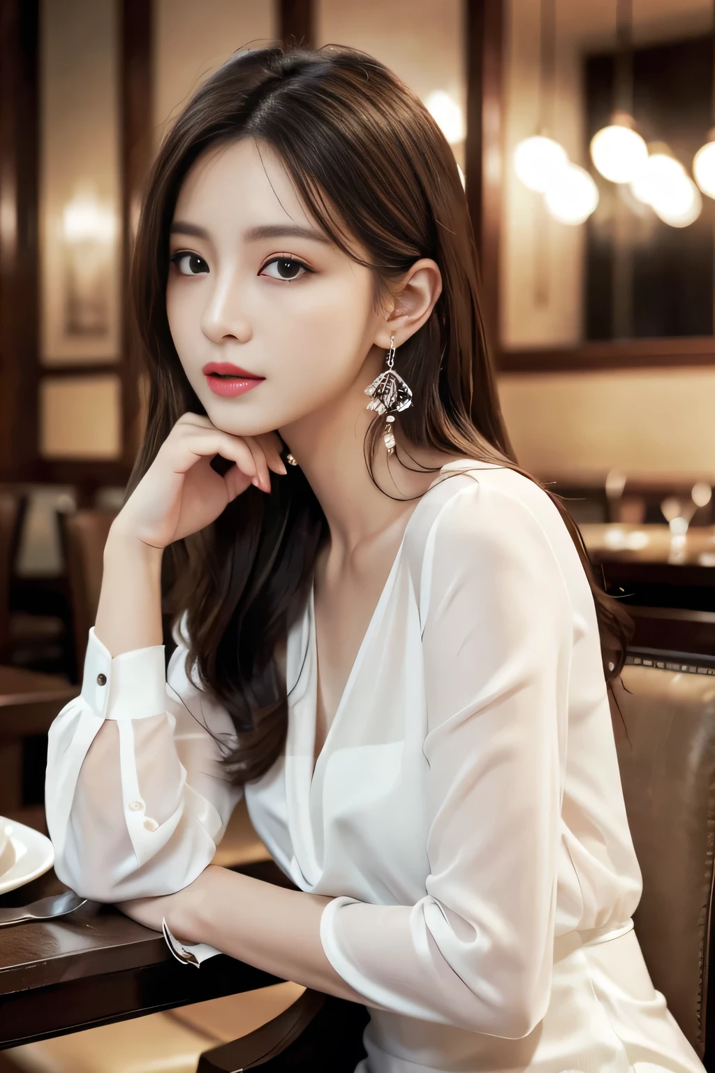 masterpiece, highest quality, Realistic, Very detailed, Finer details, High resolution, 8k wallpaper, One beautiful woman, Wear an elegant white see-through blouse, In a great restaurant, At night, Light brown, messy, medium-long hair, Perfect dynamic composition, Beautiful and beautiful eyes、Big earrings、Sitting in a chair、