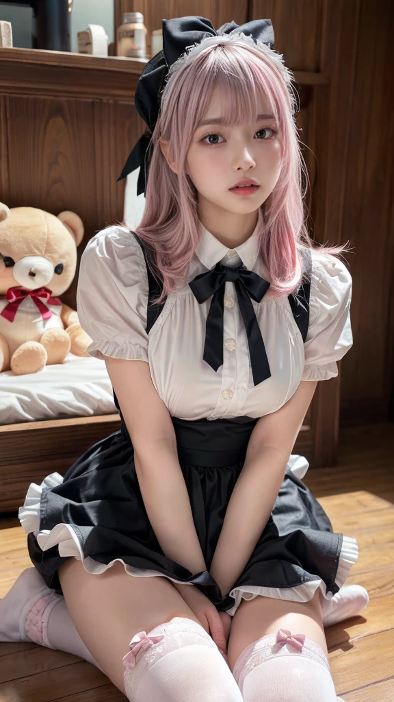 Mature Woman、Pink Hair、Light gray hair、((Two-tone hair))、White Lolita dress with delicate pink decoration、Slender women、Cute Woman、 8K Ultra HD,Detailed face、Delicate texture, Long Hair、(((Blunt bangs)))、(((Drill Hair)))、(bow ribbon, Maid, knee high socks:1.3), Aside Cutter Shirt, frill skirt、((Ethnic Lolita))、A room in a Western-style building、((Delicate photo)),(Girl Astepeace RAW Photo Details:1.25), (highest quality:1.6), (超A high resolution:1.5), (Realistic:1.75), 8K resolution, Canon EOS R5, 50mm, Absurd, Super detailed,Cinema Lighting、((stuffed toy:1.25))、(nsfw)、(Leg spread)、