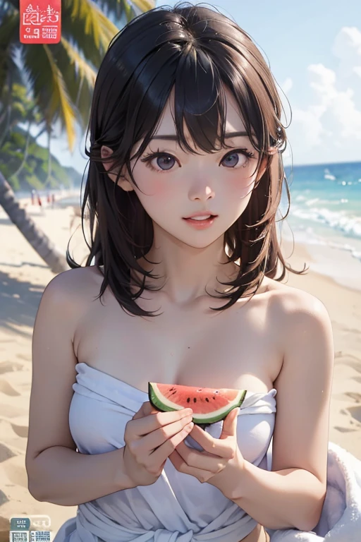 masterpiece, best quality;1.3), ultra detailed, ooking at viewer, rem_re_zero, Facial close-up,blue hair, short hair, hair ornament, cleavage, detached sleeves, masterpiece, top quality, best quality, 1  girl, swimsuit party, in the water,fish,watermelon,cute style, perfect structure, summer theme，（White yarn bikini：1.2），Hand held ice cream，