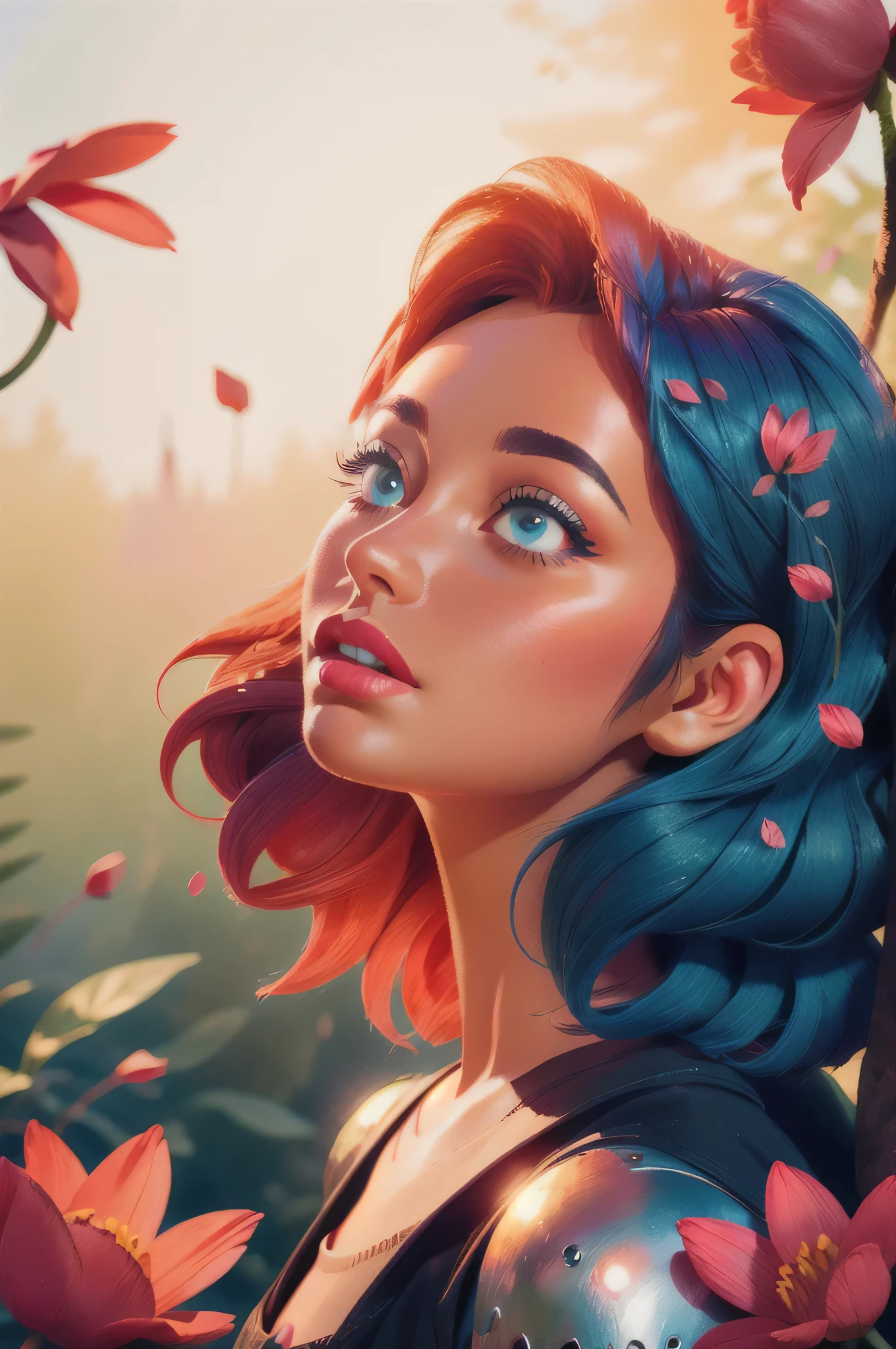 (masterpiece:1.4), (best quality:1.4), A beautiful girl with blue hair, with big blue eyes, in detailed metallic armor, knight armor, lips, makeup, side angle, natural pose, Dramatic lighting, sunlight, in the forest, depth of field, 3d animated cartoon, vibrant, colorful, Watercolor, Ink, (best quality,4k,8k,highres,masterpiece:1.2),ultra-detailed,extremely detailed eyes and face, long eyelashes, vivid colors, detailed background, detailed face, (sunshine theme:1.1), (style-swirlmagic:0.8), floating red particles, floating red petals