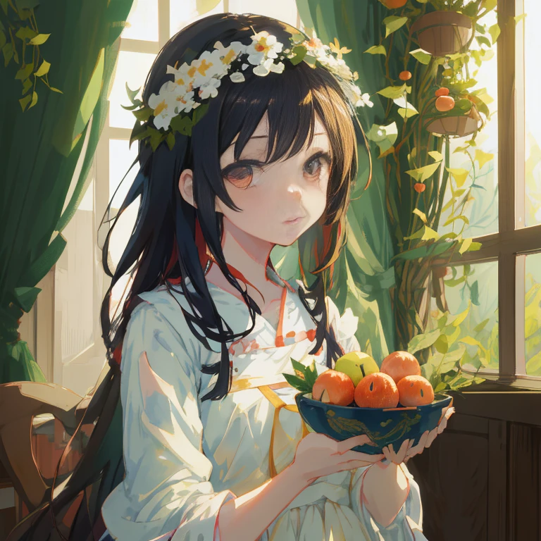 Anime girl with a bowl of fruit in front of the window, Anime visuals of cute girls, artwork in the style of guweiz, Beautiful Anime Portrait, Beautiful anime girl, young anime girl, hestia, guweiz, kawacy, Cute anime waifu in a nice dress, Cute anime girl, anime moe art style, high quality portrait