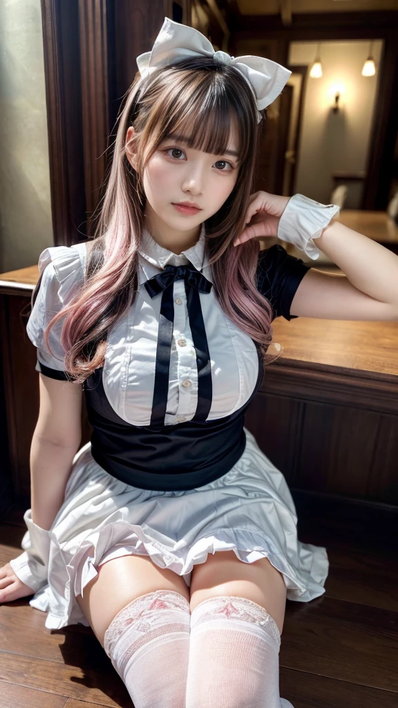 Mature Woman、Pink Hair、Light gray hair、((Two-tone hair))、White ****ta dress with delicate pink decoration、Slender women、Cute Woman、 8K Ultra HD,Detailed face、Delicate texture, Long Hair、(((Blunt bangs)))、(((Drill Hair)))、(bow ribbon, Maid, knee high socks:1.3), Aside Cutter Shirt, frill skirt、((Ethnic ****ta))、A room in a Western-style building、((Delicate photo))，(Girl Astepeace RAW Photo Details:1.25), (highest quality:1.6), (超A high resolution:1.5), (Realistic:1.75), 8K resolution, Canon EOS R5, 50mm, Absurd, Super detailed,Cinema Lighting、((stuffed toy:1.25))、(nsfw)、(Leg spread)、plump breasts, Don't expose it