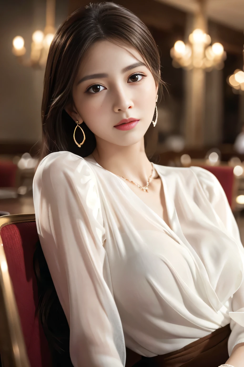 masterpiece, highest quality, Realistic, Very detailed, Finer details, High resolution, 8k wallpaper, One beautiful woman, Wear an elegant white see-through blouse, In a great restaurant, At night, Light brown, messy, medium-long hair, Perfect dynamic composition, Beautiful and beautiful eyes、Big earrings、Sitting in a chair、