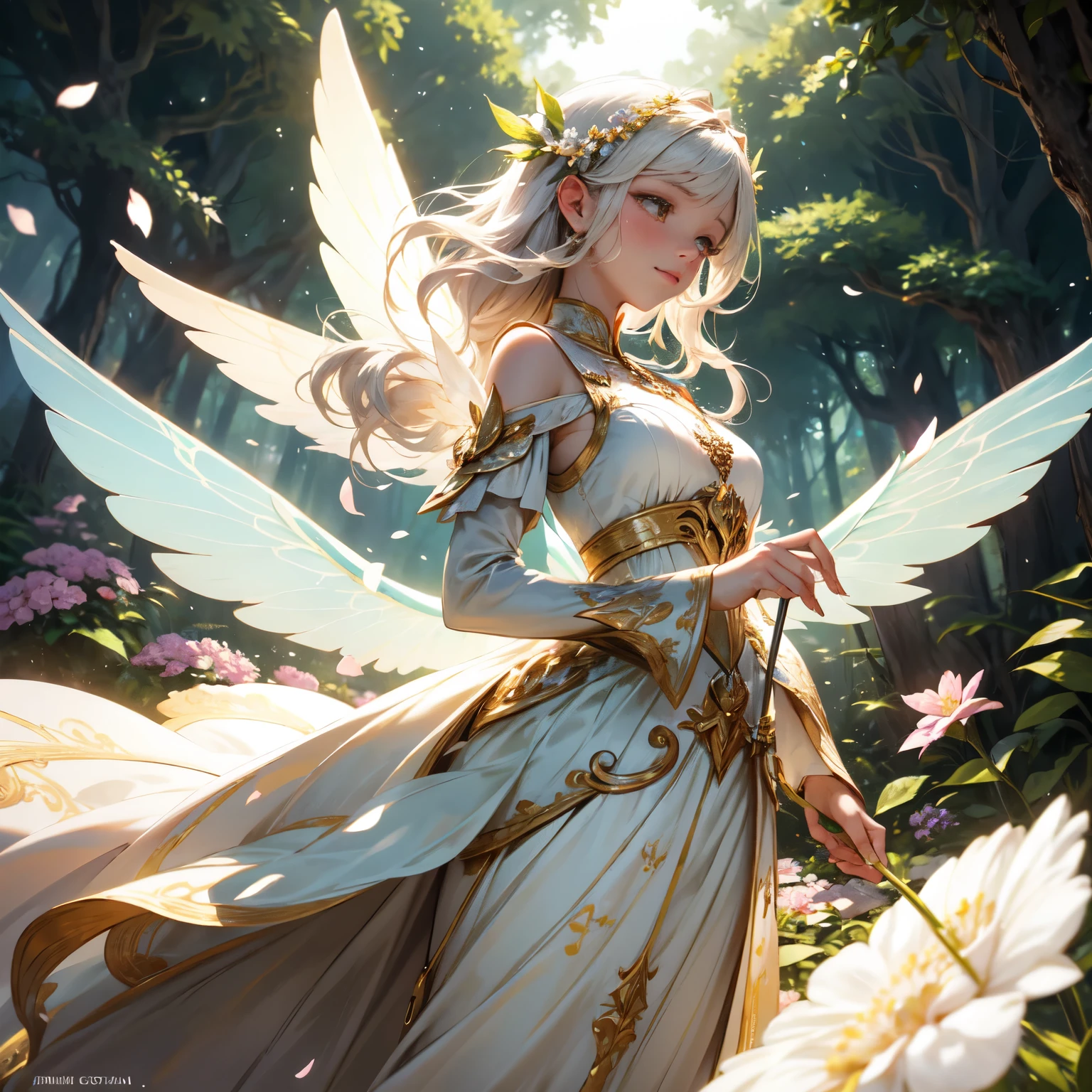 (master part), (melhor qualidade de imagem), 8k, High detail, Super Detalhe, a beautiful and magical flower fairy with delicate features, She holds a magic wand in her hand and is performing magic, emitindo uma luz suave e brilhante, simbolizando seu amor pela magia e sua capacidade de florescer flores e alegria, and flying in the air with translucent wings on his back, flashing a rainbow of bright colors, voando no ar, flying elegantly in the middle of two large flower-covered trees, The background is lush with flowers, His presence fills the room with a charming feeling, casts a charming light on the scene, Her dress is woven of petals and delicate leaves, mistura-se com os elementos naturais do ambiente circundante, His expression is calm, Reflecting your deep connection to nature and the harmonious energy that flows through it, Close-up, Realistic, altamente detalhado e intrincado, The images embody the ethereal nature of the flower fairy, blending his captivating presence with the serene beauty of the natural world