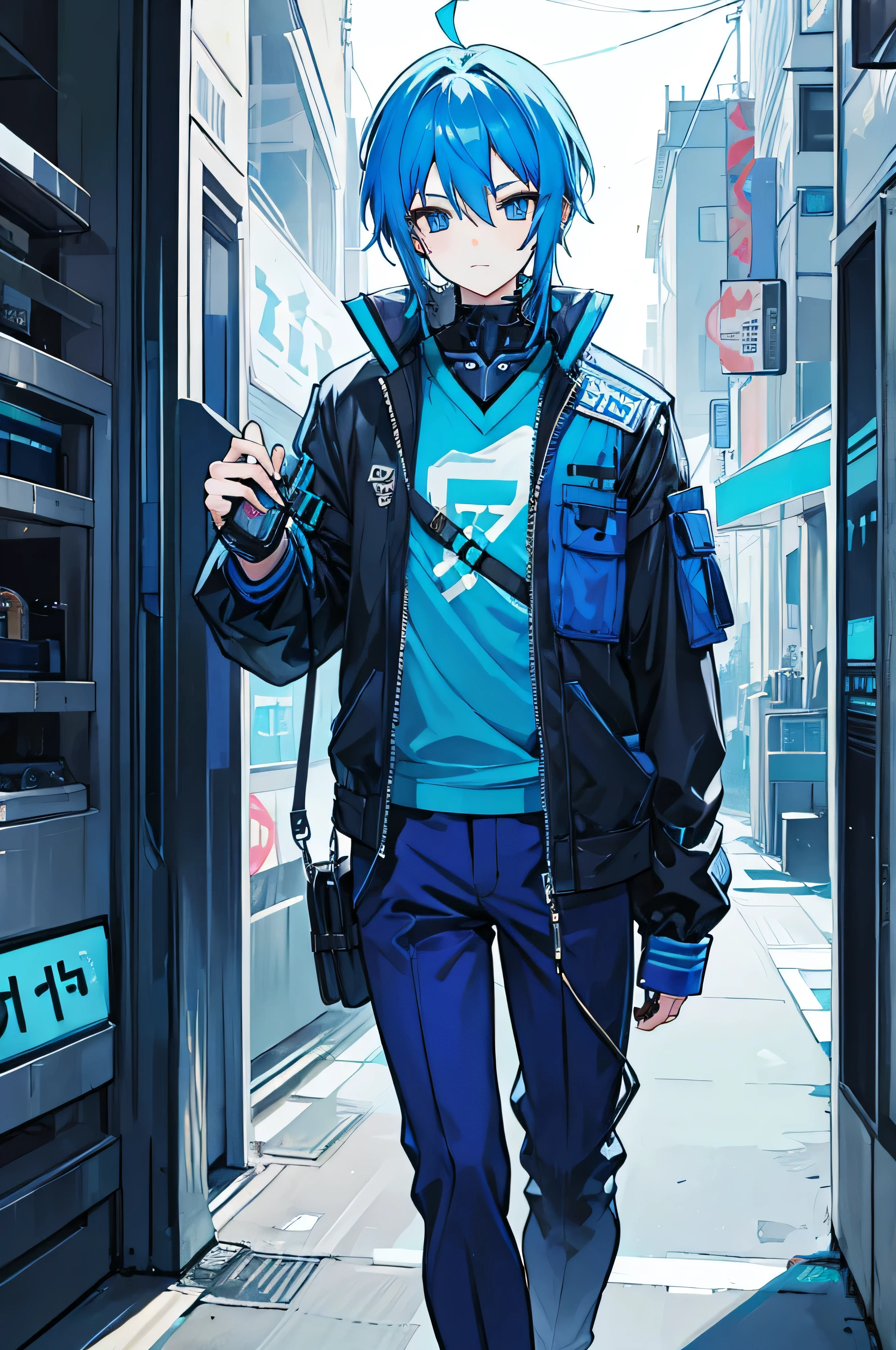 Blue haired cyberpunk style boy、Trouser style、Blue Eyes