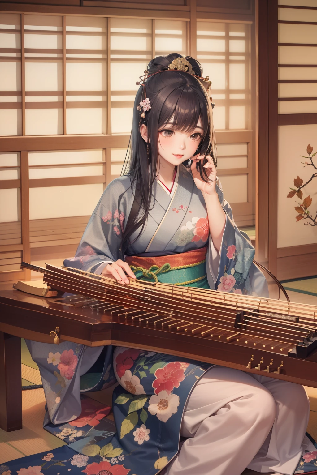 A 24-year-old woman playing traditional Japanese instruments. She has long, dark hair and is wearing a beautiful kimono. She is sitting gracefully with a koto in front of her, a shakuhachi beside her, and a shamisen resting nearby. The setting is serene, possibly a traditional Japanese room with tatami mats and shoji screens, evoking a sense of tranquility and cultural heritage.