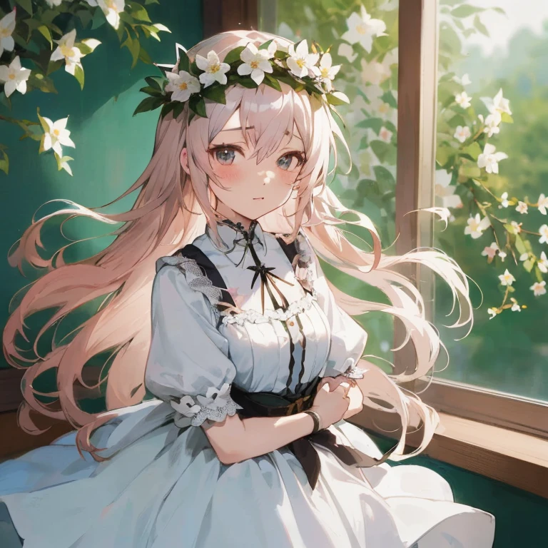 Anime girl with long hair and a crown of flowers sitting on the window sill, Cute anime waifu in a nice dress,  in dress, anime girls in maid costumes, portrait of Lolita, Beautiful Anime Portrait, a maid in a magical forest, Beautiful anime girl, Anime Girl with Long Hair, guweiz on pixiv artstation, pretty anime girl