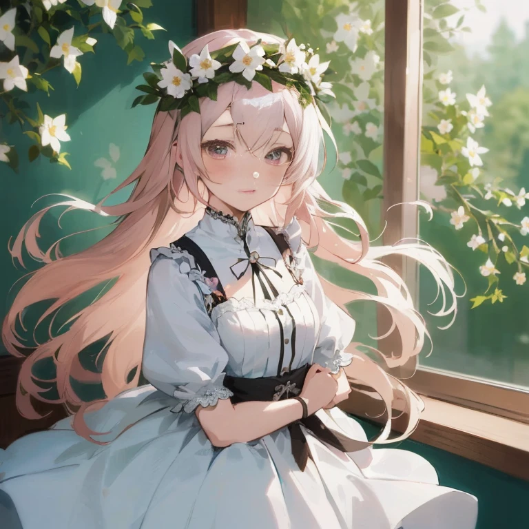 Anime girl with long hair and a crown of flowers sitting on the window sill, Cute anime waifu in a nice dress,  in dress, anime girls in maid costumes, portrait of Lolita, Beautiful Anime Portrait, a maid in a magical forest, Beautiful anime girl, Anime Girl with Long Hair, guweiz on pixiv artstation, pretty anime girl