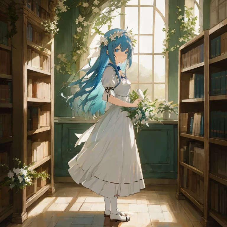 Anime girl with blue hair and white dress in library, hestia,  in dress, guweiz on pixiv artstation, Mikudayo, 8k high quality detailed art, Beautiful maiden, by Kamagurka, beautiful anime artwork, beautiful anime art, [ 4 k digital art ]!!, nightcore, Trending on ArtStation pixiv