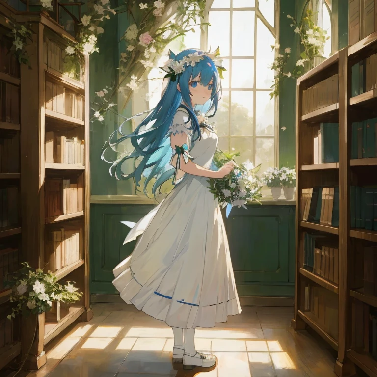 Anime girl with blue hair and white dress in library, hestia,  in dress, guweiz on pixiv artstation, Mikudayo, 8k high quality detailed art, Beautiful maiden, by Kamagurka, beautiful anime artwork, beautiful anime art, [ 4 k digital art ]!!, nightcore, Trending on ArtStation pixiv
