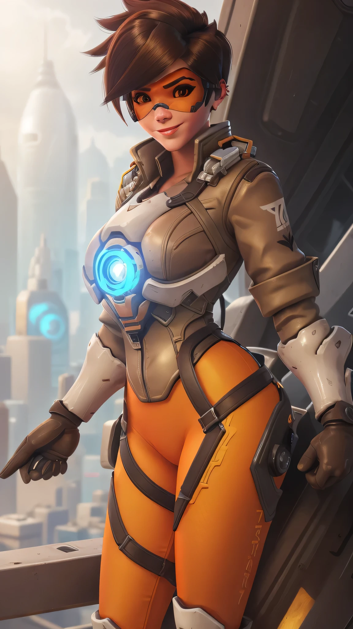 portrait of tracer, close up, gwen tennyson, tracer, overwatch, battle ruins, futuristic city, mecha pilot, bodysuit, brown short sleeve pilot jacket, orange and red sport leggings, short hair, punk makeup, hazel eyes, multicolored brown hair, cute smile, freckles, beautiful girl, large breasts, 8k,ultra detailed, realistic, fantasy art, cyborg armor, pilot uniform,(weather: windy), (visor, googles), sexy pose, wide hips, thick legs,