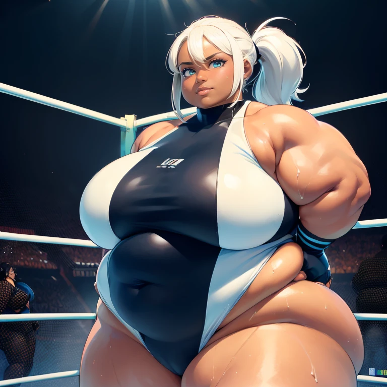 ((Dark skin)), ((dark skinned female)), ((giantess)), ((strongfat)), ssbbw, obese, ((strong arms)), white hair, blue eyes, ((tall)), (gentle smile), (wrestling gear), gigantic, insanely large belly, sweaty, subtle blush, (bare arms), ((gigantic biceps)), leotard, fingerless gloves, wrestling ring background, clear face, large eyes, ((heavy shading on lower half of the body)), ((cute face)), ((muscular biceps)), ((looking down at viewer)), ((flexing arms))