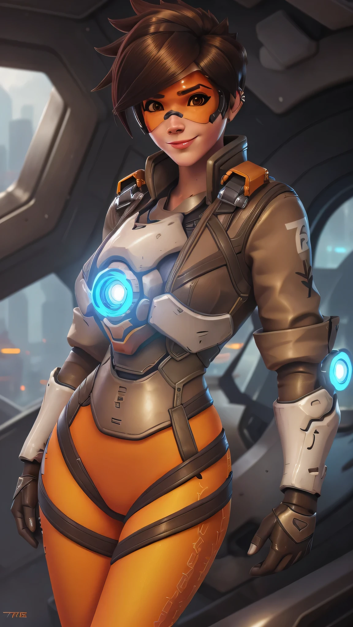 portrait of tracer, close up, gwen tennyson, tracer, overwatch, battle ruins, futuristic city, mecha pilot, bodysuit, brown short sleeve pilot jacket, orange and red sport leggings, short hair, punk makeup, hazel eyes, multicolored brown hair, cute smile, freckles, beautiful girl, large breasts, 8k,ultra detailed, realistic, fantasy art, cyborg armor, pilot uniform,(weather: windy), (visor, googles), sexy pose, wide hips, thick legs,