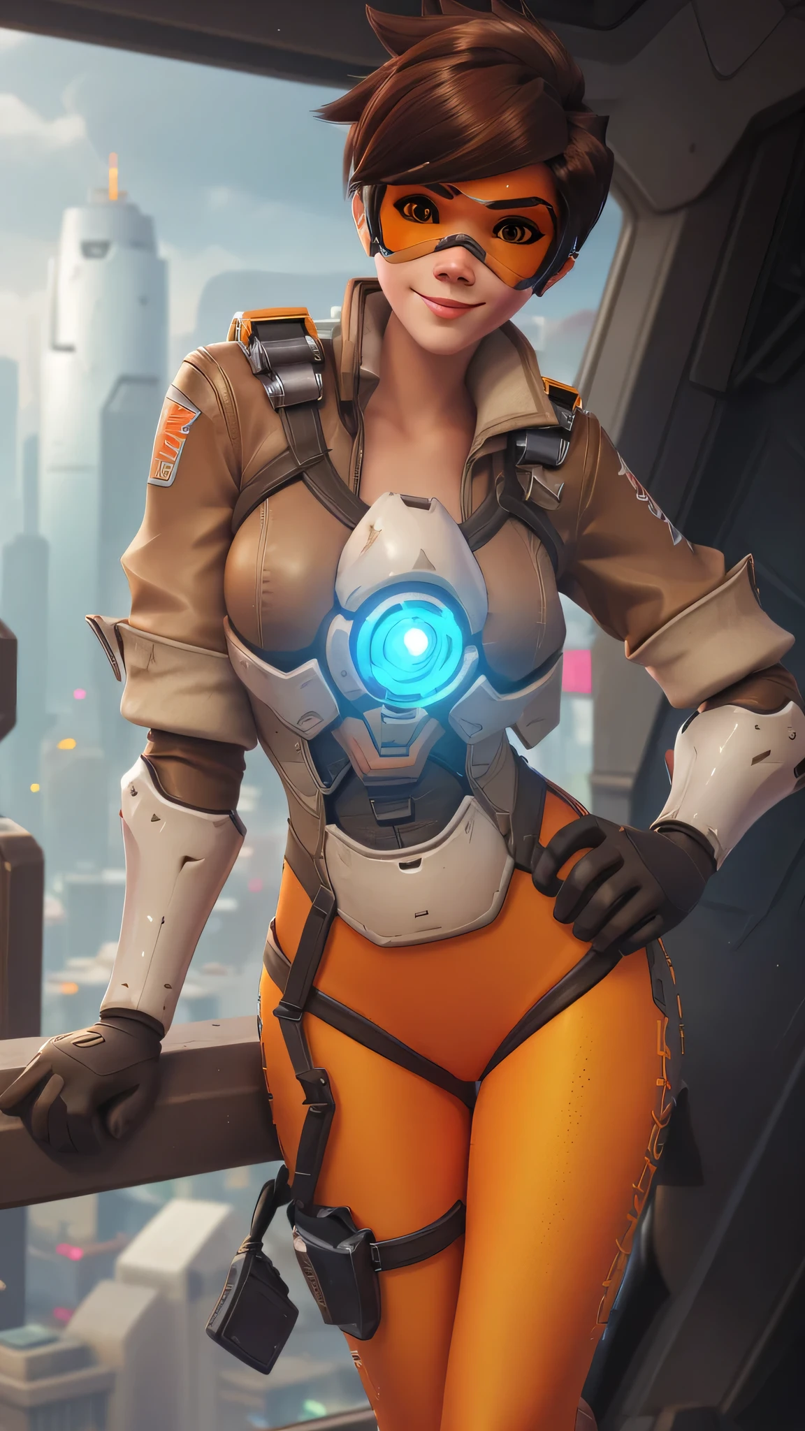 portrait of tracer, close up, gwen tennyson, tracer, overwatch, battle ruins, futuristic city, mecha pilot, bodysuit, brown short sleeve pilot jacket, orange and red sport leggings, short hair, punk makeup, hazel eyes, multicolored brown hair, cute smile, freckles, beautiful girl, large breasts, 8k,ultra detailed, realistic, fantasy art, cyborg armor, pilot uniform,(weather: windy), (visor, googles), sexy pose, wide hips, thick legs,