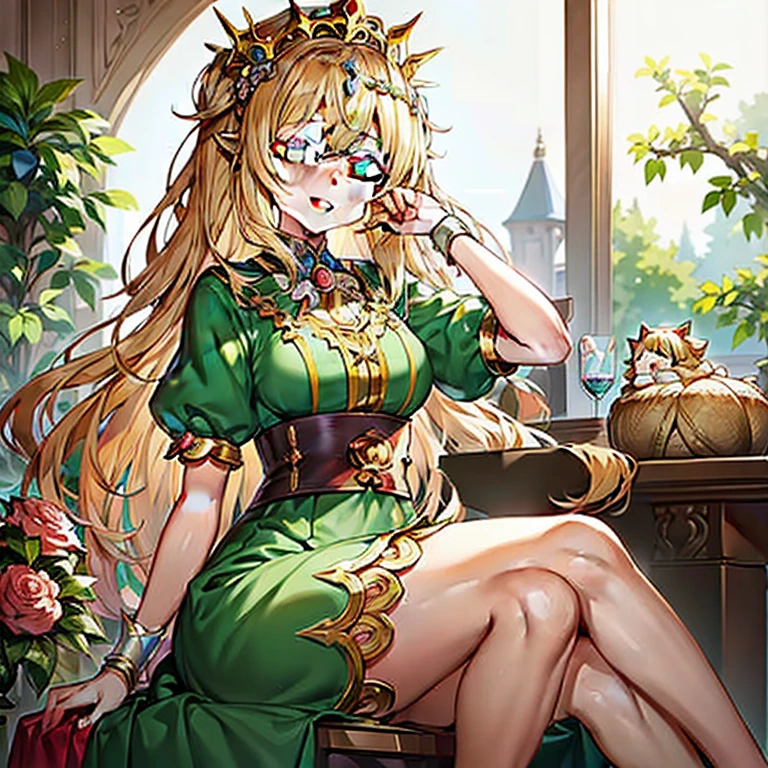 Anime girl sitting on a chair with a wrealist on her head, in dress, Cute anime waifu in a nice dress, marin kitagawa fanart, blonde - haired princess, anime goddess, Beautiful anime girl, blonde anime girl with long hair, , shadowverse style, smiling as a queen of fairies, nature goddess, Elf Girl