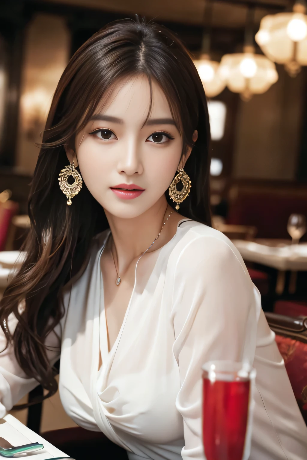 masterpiece, highest quality, Realistic, Very detailed, Finer details, High resolution, 8k wallpaper, One beautiful woman, Wear an elegant white see-through blouse, In a great restaurant, At night, Light brown, messy, medium-long hair, Perfect dynamic composition, Beautiful and beautiful eyes、Big earrings、Sitting in a chair、