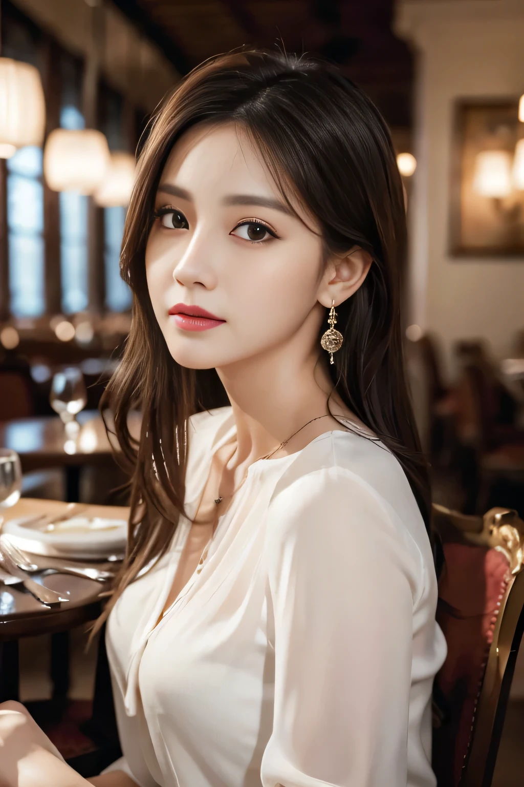 masterpiece, highest quality, Realistic, Very detailed, Finer details, High resolution, 8k wallpaper, One beautiful woman, Wear an elegant white see-through blouse, In a great restaurant, At night, Light brown, messy, medium-long hair, Perfect dynamic composition, Beautiful and beautiful eyes、Big earrings、Sitting in a chair、
