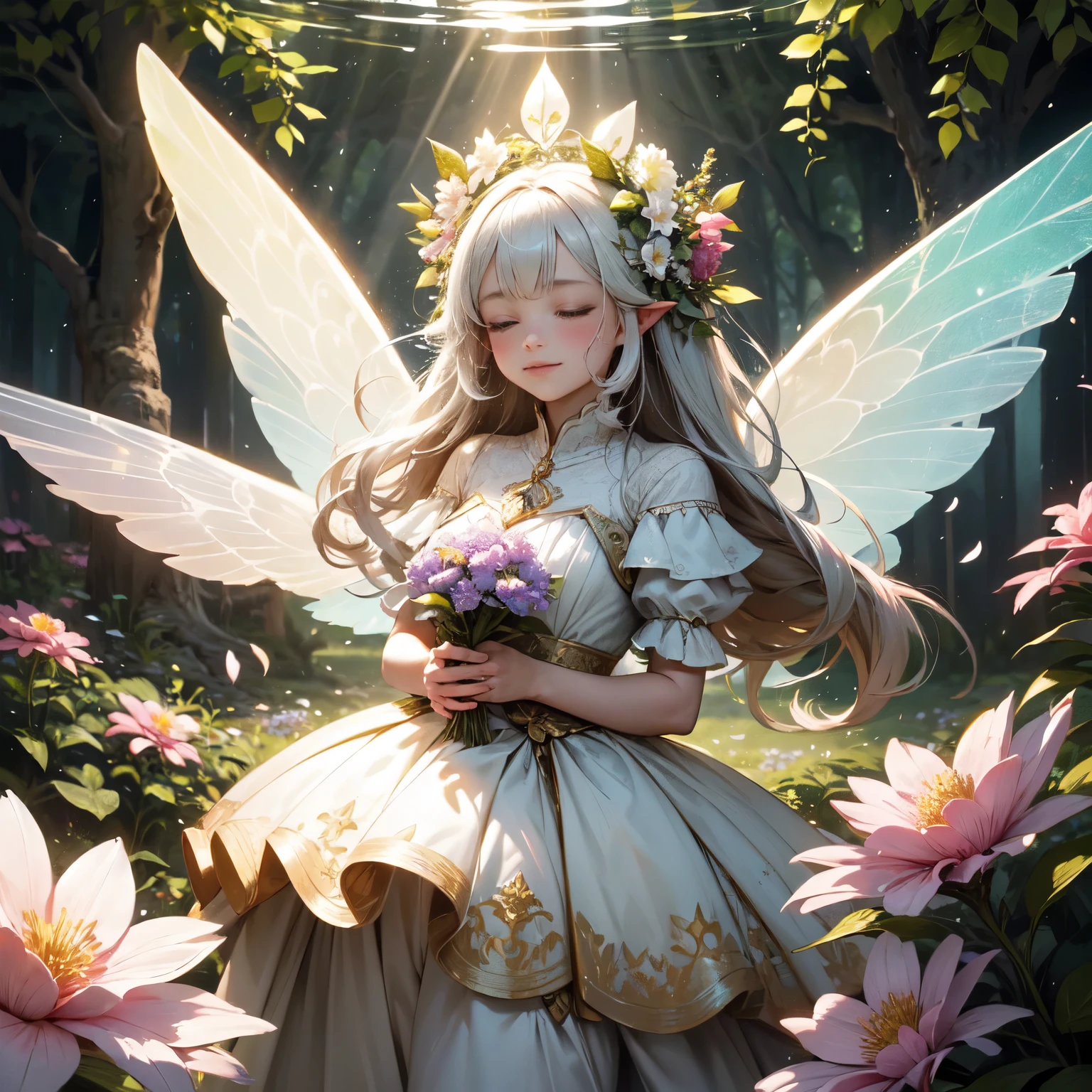 (master part), (melhor qualidade de imagem), 8k, High detail, Super Detalhe, a beautiful and magical flower fairy with delicate features, She holds a magic wand in her hand and is performing magic, emitindo uma luz suave e brilhante, simbolizando seu amor pela magia e sua capacidade de florescer flores e alegria, and flying in the air with translucent wings on his back, flashing a rainbow of bright colors, voando no ar, flying elegantly in the middle of two large flower-covered trees, The background is lush with flowers, His presence fills the room with a charming feeling, casts a charming light on the scene, Her dress is woven of petals and delicate leaves, mistura-se com os elementos naturais do ambiente circundante, His expression is calm, Reflecting your deep connection to nature and the harmonious energy that flows through it, Close-up, Realistic, altamente detalhado e intrincado, The images embody the ethereal nature of the flower fairy, blending his captivating presence with the serene beauty of the natural world