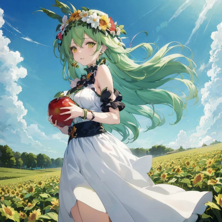 Anime girl with green hair and flower crown holding apple, goddess of summer, goddess of summer, Official art, official artwork, nature goddess, Beautiful sunflower anime girl, goddess of spring, official anime artwork, anime goddess, cushart krenz key art feminine, High resolution in the field, anime style 4 k, Trending on ArtStation pixiv