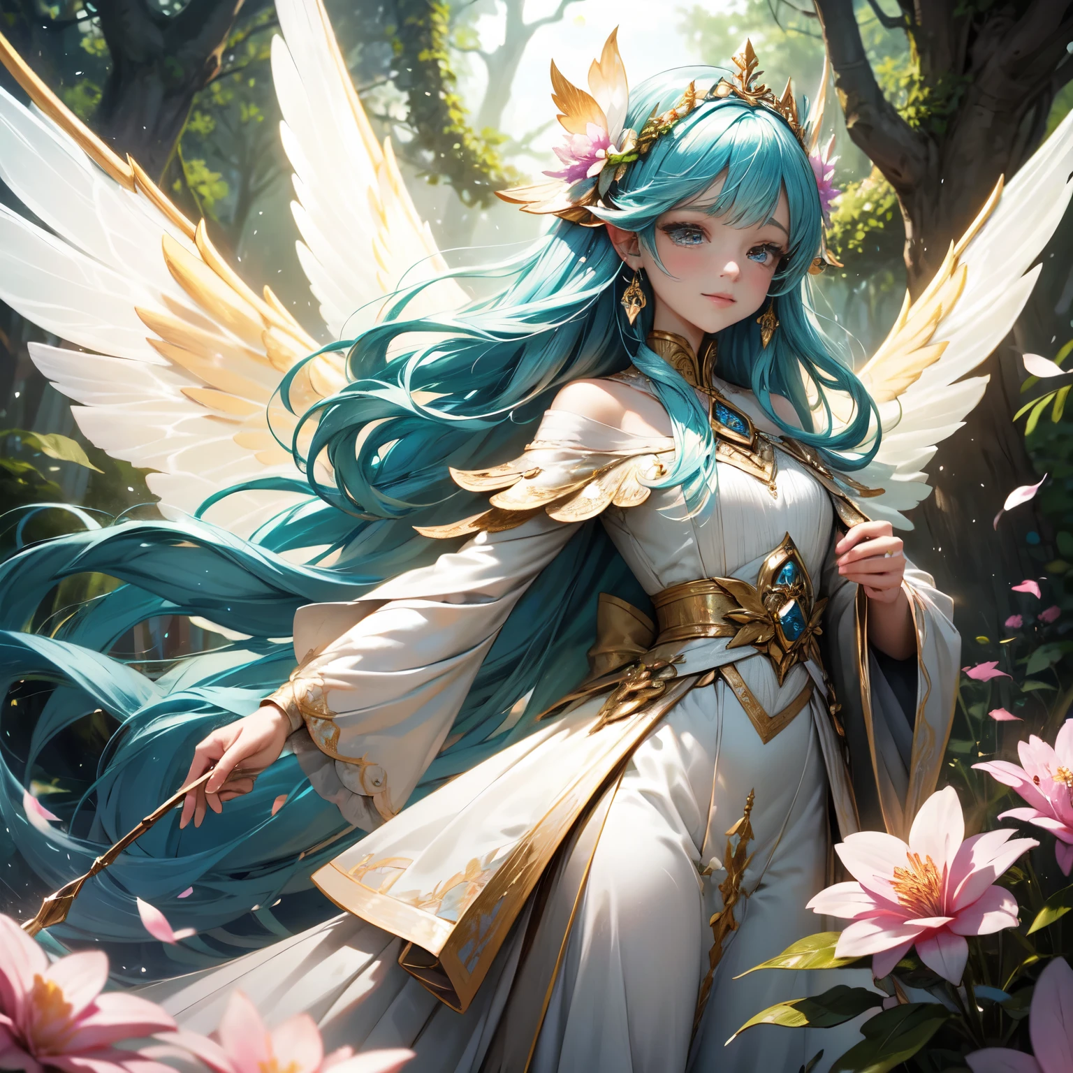 (master part), (melhor qualidade de imagem), 8k, High detail, Super Detalhe, a beautiful and magical flower fairy with delicate features, She holds a magic wand in her hand and is performing magic, emitindo uma luz suave e brilhante, simbolizando seu amor pela magia e sua capacidade de florescer flores e alegria, and flying in the air with translucent wings on his back, flashing a rainbow of bright colors, voando no ar, flying elegantly in the middle of two large flower-covered trees, The background is lush with flowers, His presence fills the room with a charming feeling, casts a charming light on the scene, Her dress is woven of petals and delicate leaves, mistura-se com os elementos naturais do ambiente circundante, His expression is calm, Reflecting your deep connection to nature and the harmonious energy that flows through it, Close-up, Realistic, altamente detalhado e intrincado, The images embody the ethereal nature of the flower fairy, blending his captivating presence with the serene beauty of the natural world