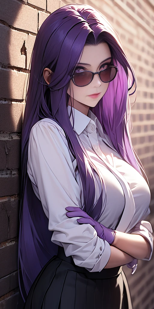 highest quality, masterpiece, high resolution,only {Black business suit:1.40} {tie:1.20} {sunglasses:1.25} {White gloves:1.15} { White shirt:1.10} {Black Skirt:1.15} good looking {Medusa_FGO:1.15} length_hair, purple_hair, very_length_hair, purple_eye, chest, big_chest, 1girl, solo, white background, brick wall backdrop, upper body, looking at viewer, bare arms, folded arms