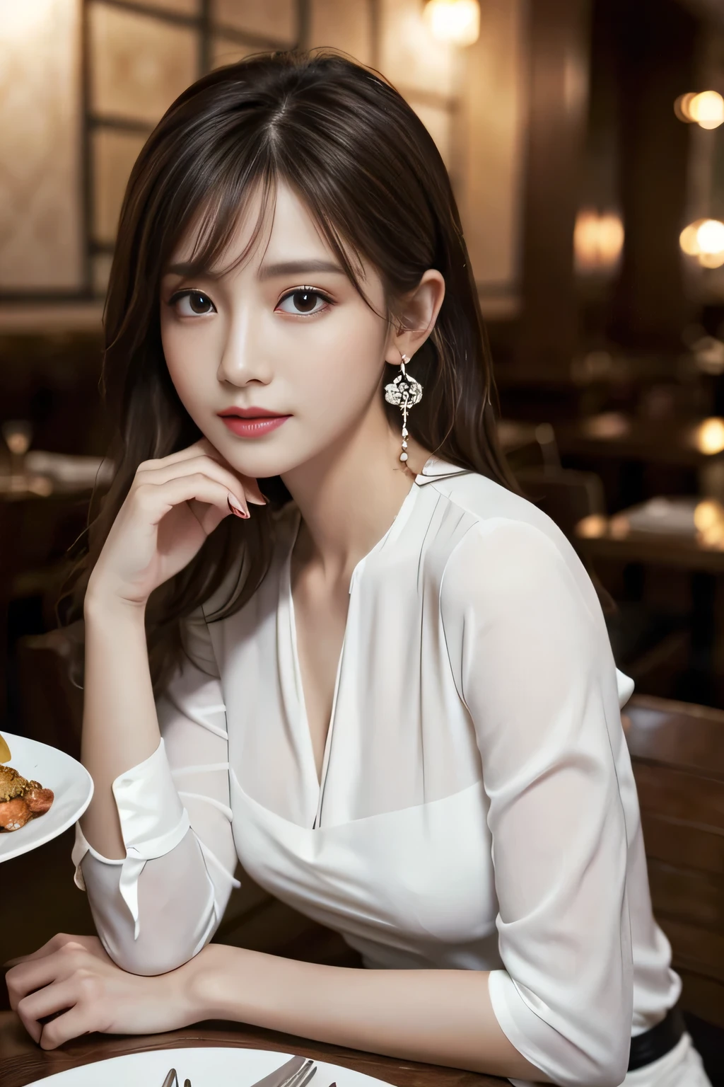 masterpiece, highest quality, Realistic, Very detailed, Finer details, High resolution, 8k wallpaper, One beautiful woman, Wear an elegant white see-through blouse, In a great restaurant, At night, Light brown shaggy haircut, Perfect dynamic composition, Beautiful and beautiful eyes、Big earrings、Sitting in a chair、