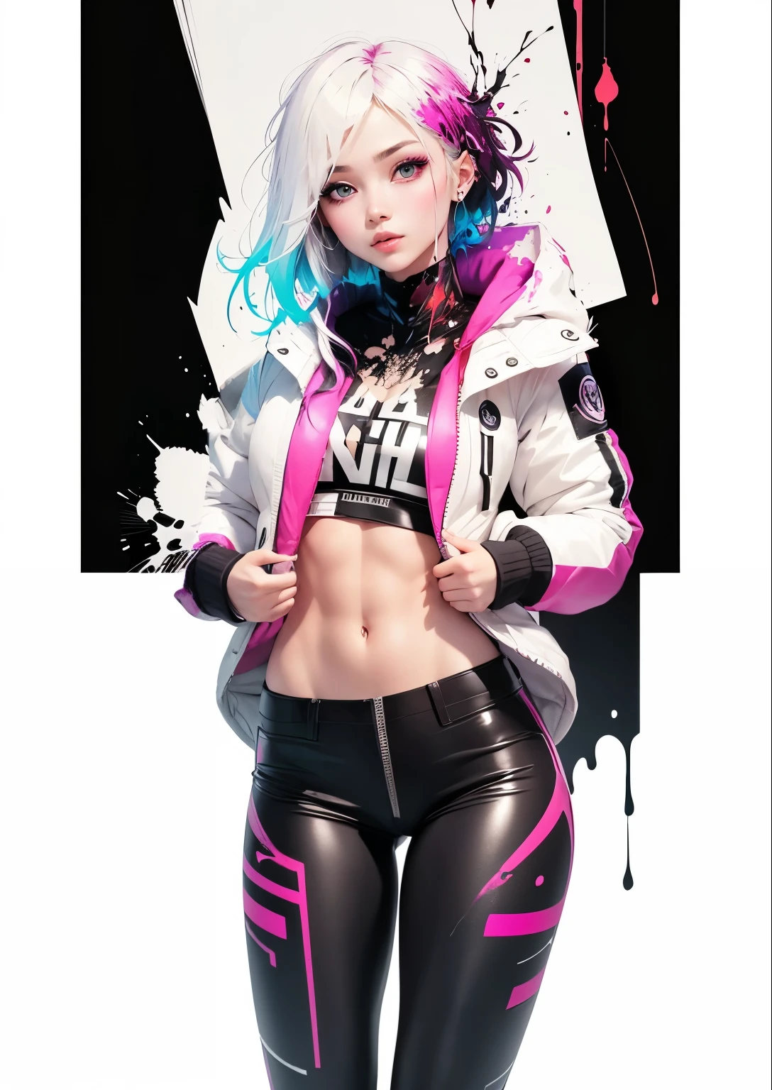 perfect body, sexy, white parka, Black pants, high detailed real skin, high quality skin, splash pink ink, splash blue ink, splash many color ink, artful, professional lighting, real shadow, masterpiece,