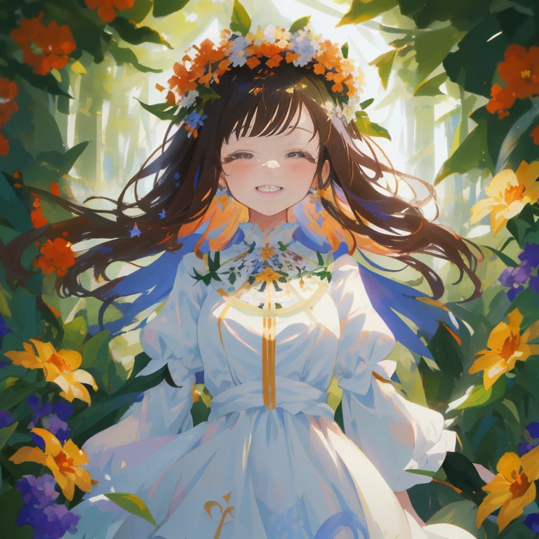 Anime girl in white dress with flowers in her hair, smiling as a queen of fairies, queen of flowers, Ayaka Genshin Impact, guweiz on pixiv artstation, flower queen, fey queen of the summer forest, Official art, Beautiful Anime Portrait, official artwork, marin kitagawa fanart, guweiz on artstation pixiv