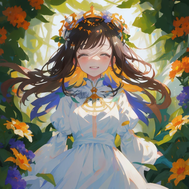 Anime girl in white dress with flowers in her hair, smiling as a queen of fairies, queen of flowers, Ayaka Genshin Impact, guweiz on pixiv artstation, flower queen, fey queen of the summer forest, Official art, Beautiful Anime Portrait, official artwork, marin kitagawa fanart, guweiz on artstation pixiv