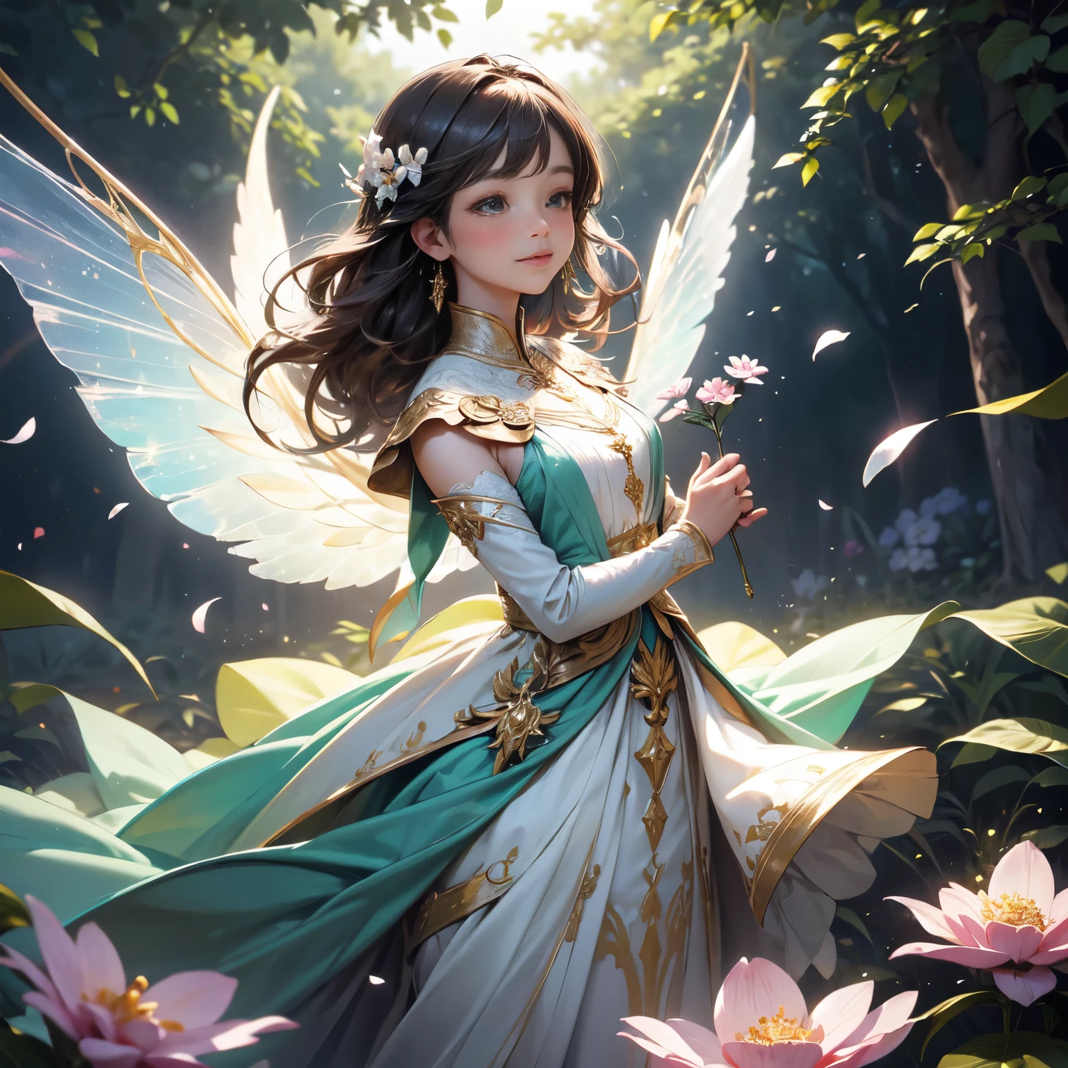 (master part), (melhor qualidade de imagem), 8k, High detail, Super Detalhe, a beautiful and magical flower fairy with delicate features, She holds a magic wand in her hand and is performing magic, emitindo uma luz suave e brilhante, simbolizando seu amor pela magia e sua capacidade de florescer flores e alegria, and flying in the air with translucent wings on his back, flashing a rainbow of bright colors, voando no ar, flying elegantly in the middle of two large flower-covered trees, The background is lush with flowers, His presence fills the room with a charming feeling, casts a charming light on the scene, Her dress is woven of petals and delicate leaves, mistura-se com os elementos naturais do ambiente circundante, His expression is calm, Reflecting your deep connection to nature and the harmonious energy that flows through it, Close-up, Realistic, altamente detalhado e intrincado, The images embody the ethereal nature of the flower fairy, blending his captivating presence with the serene beauty of the natural world