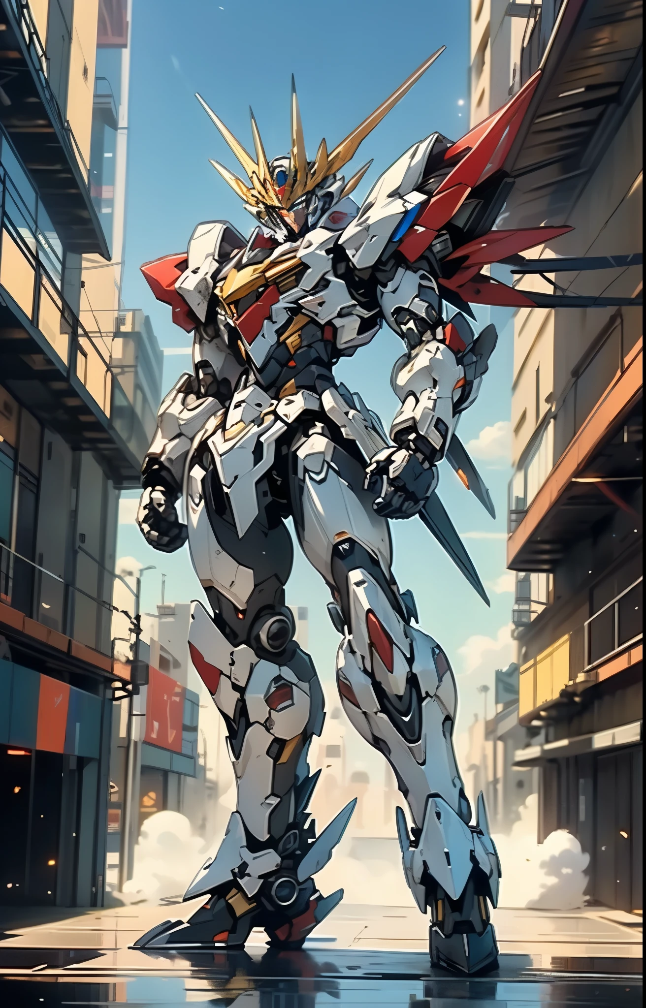Humanoid Mecha, fully enclosed shoulder guards, matching arm and leg guards, full body, full armor, the design balances heavy with agility, (the color scheme is primarily white with red and blue accents, the concept Inspired by Super robot, organic biotech armor, standing, floating high above the futuristic sci-fi city), exquisite and mature art style, (aura effect, energy, glowing eyes, the armor glows), ((SRS)), metallic, dynamic, dramatic, high definition, best quality, highres, ultra-detailed, ultra-fine painting, extremely delicate, professional, perfect body proportions, anatomically correct, symmetrical face, extremely detailed eyes and face, high quality eyes, creativity, RAW photo, UHD, 32k, Natural light, cinematic lighting, masterpiece-anatomy-perfect, masterpiece:1.5
