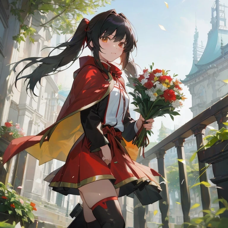 Anime girl with bouquet of flowers in her hands, guweiz, guweiz on pixiv artstation, guweiz on artstation pixiv, artwork in the style of guweiz, by Yang J, sakimichan, Dressed in a beautiful red cloak, artgerm and atey ghailan, Rin Tohsaka, Rin