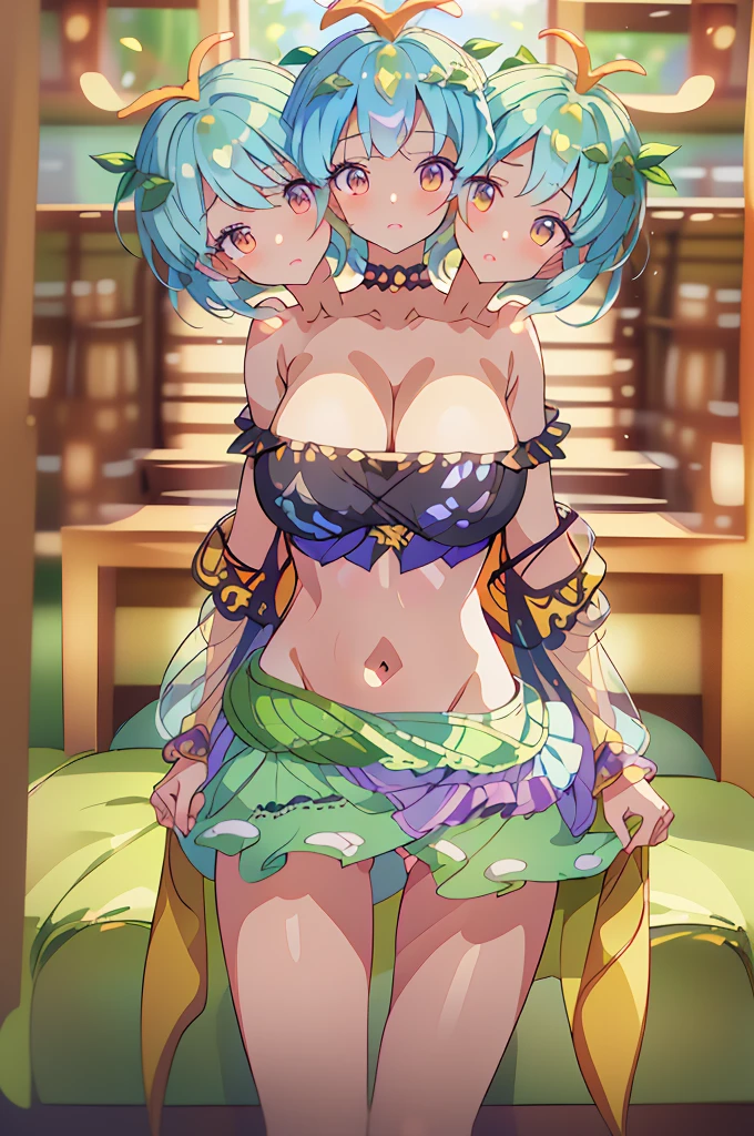 (masterpiece, best quality), best quality, (ultra-detailed), (3heads:1.5), 1girl, (eternity larva:1.3), masterpiece, best quality, ultra quality, ultra resolution, black top, crop top, ((stomach)), midriff, ((groin)), light green skirt, normal ears, shackles, short light hair, very long hair, wavy hair, peach-colored eyes, very detailed eyes, parted lips, single horn, sweat, cute, toned belly, hand on own chest, eyelashes, (25 year old woman:1.3), (masterpiece:1.5), (best quality:1.5), (beautiful detailed), extremely detailed CG, extremely delicate and beautiful, depth of field, (finely detailed face), (perfect details:1.3), (mature female:1.3), wide pelvis, slender, large veiny breast, 16k resolution, highres, high quality, high definition, extremely detailed, masterpiece, short light blue hair, long hair, alluring presence, braid, short skirt, close up, very big tits, huge tits, young, black and yellow wings, spotted with bits of blue and purple,