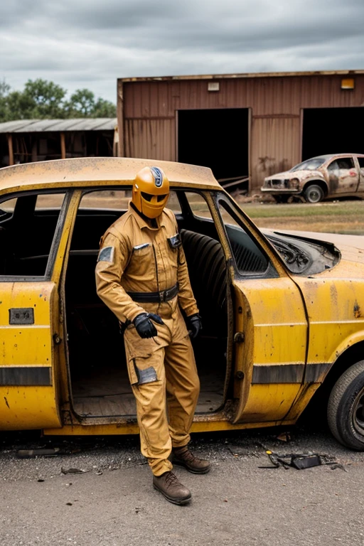 man in costume as crash test dummy, old beat up car, different colors, many wrecks and repairs, mechanics shop in background