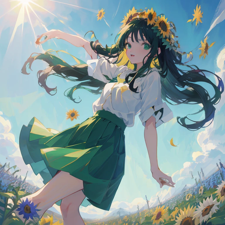 Anime girl with long hair in green skirt and white shirt, Beautiful sunflower anime girl, official artwork, anime moe art style, marin kitagawa fanart, high detailed official artwork, Beautiful anime, anime style 4 k, Official art, Beautiful anime girl, official anime artwork, Anime visuals of cute girls, girl dancing in a flower field, beautiful anime artwork