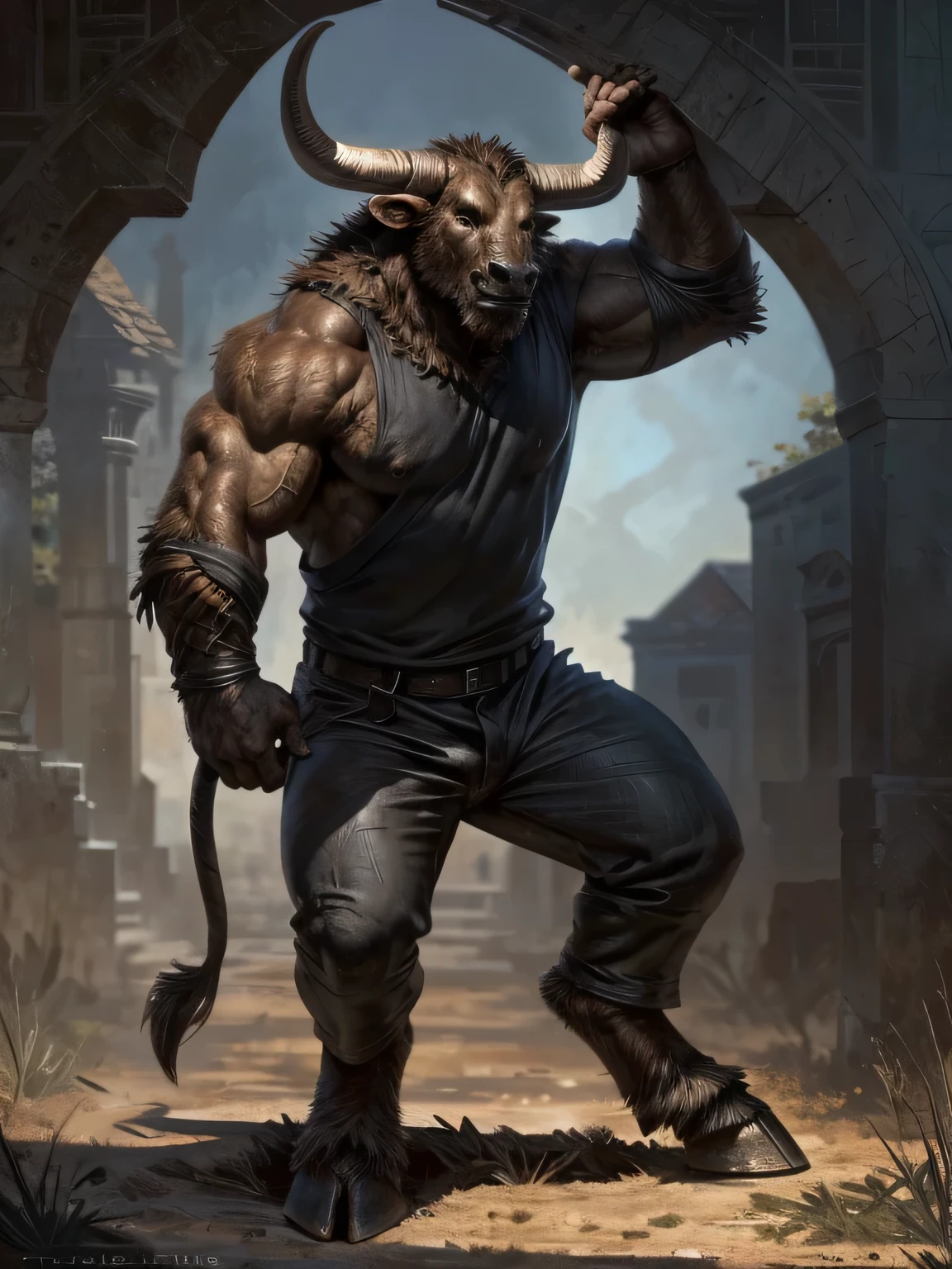 full body, minotaur, brown fur, high detail, dark fantasy, (by taran fiddler, by tojo the thief), wearing black henley shirt, sleeves rolled up, dark brown leather pants, hooves