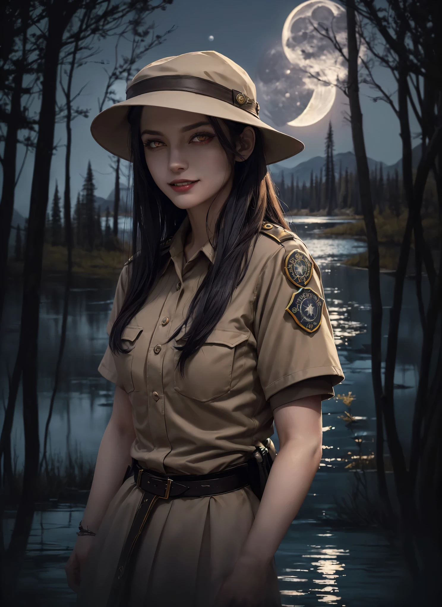 (((night, moonlight))) ((a deserted lake)), style of a painted book illustration, dramatic lighting, ((depth of field)), ((masterpiece)), ((best quality)), ((highly detailed)), horror theme