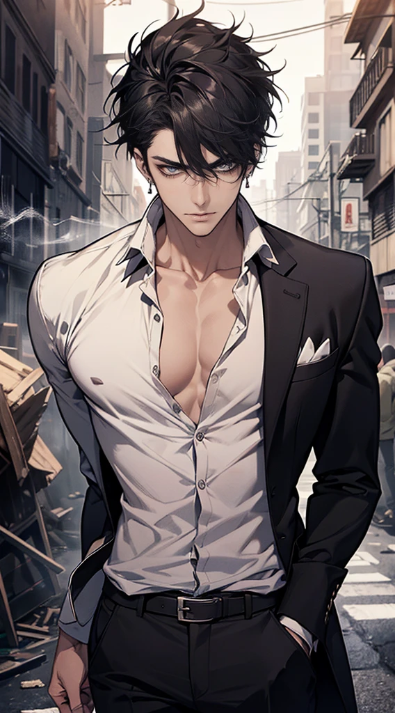 (masterpiece, best quality, highres, ultra-detailed), 1man, male focus, spiky black hair, grey eyes, handsome, detailed eyes and face, male body, earrings, ear piercing,  unbuttoned black blazer, white shirt, trousers, bare collarbones, chain necklace, city slums background, by amano akira, full body, cigarette, cigarette smoke, guy smoking,1guy, masterpiece